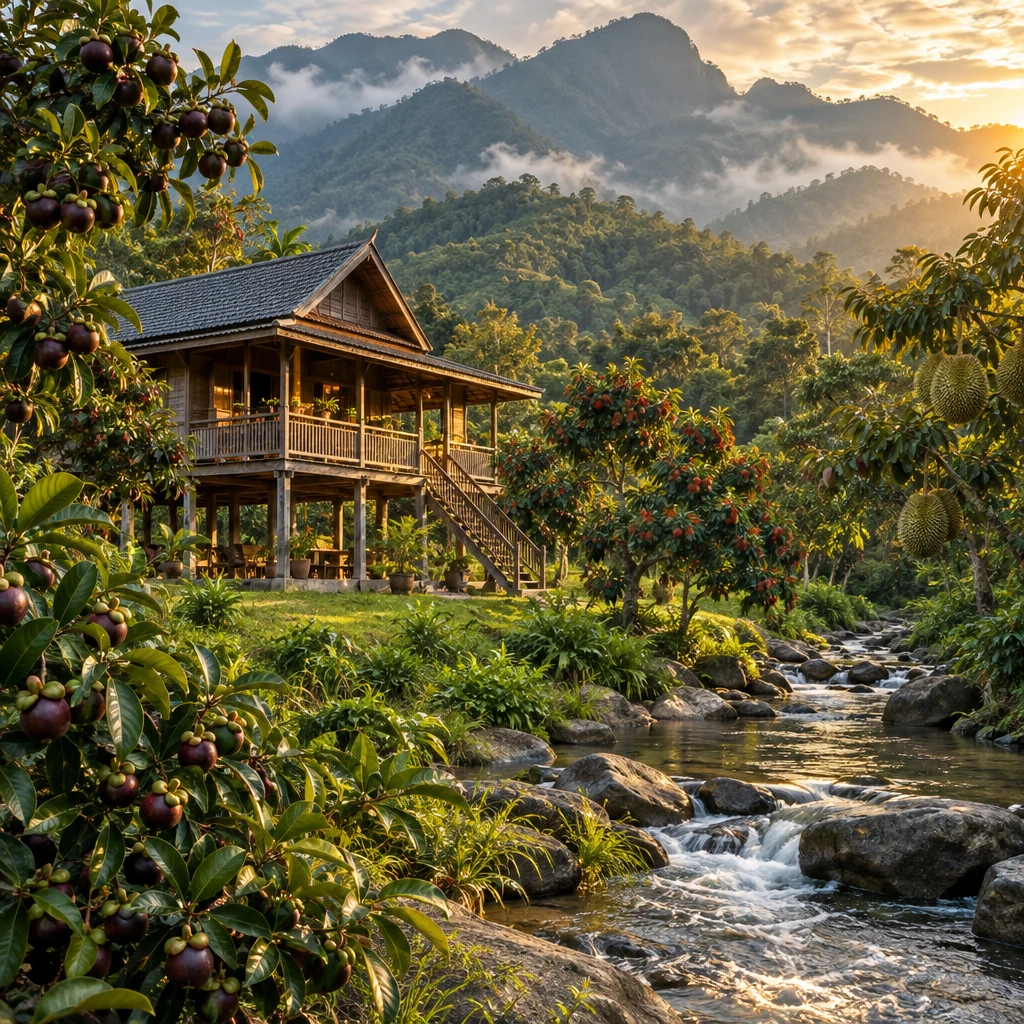 บ้านไม้ยกพื้นกลางสวนผลไม้ผสมเชิงเขาหลวง นครศรีธรรมราช มีลำธารไหลผ่านข้างบ้านและภูเขาเขียวอยู่ด้านหลัง
