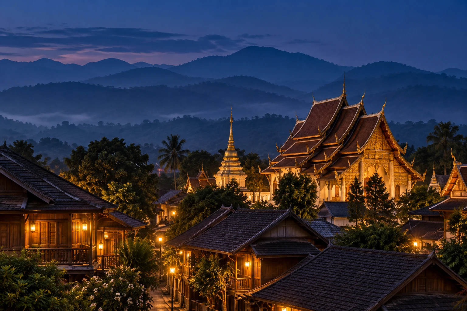 หลังคาวัดล้านนาและบ้านไม้ในเมืองเก่าน่านยามพลบค่ำ มีแนวเขาซ้อนกันอยู่ด้านหลัง สื่อถึงการดูฮวงจุ้ยน่านตามชัยภูมิหุบเขา