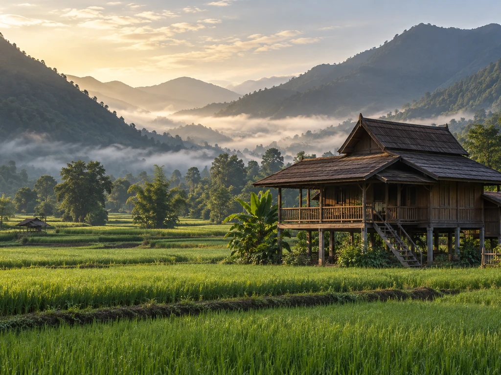 บ้านไม้ยกใต้ถุนกลางทุ่งนาในหุบเขาอำเภอปัว จังหวัดน่าน มีแนวเขาทั้งสองฝั่ง ตัวอย่างชัยภูมิหุบเขาที่ต้องอ่านก่อนจัดฮวงจุ้ย