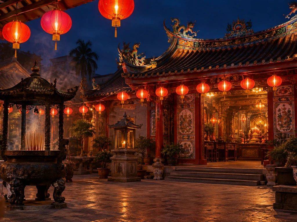 ลานหน้าศาลเจ้าจีนในเมืองชายแดนนราธิวาสยามค่ำ โคมแดงเรียงแถวและหลังคากระเบื้องโค้ง แสงทองอุ่นตัดกับฟ้าสีน้ำเงินเข้ม