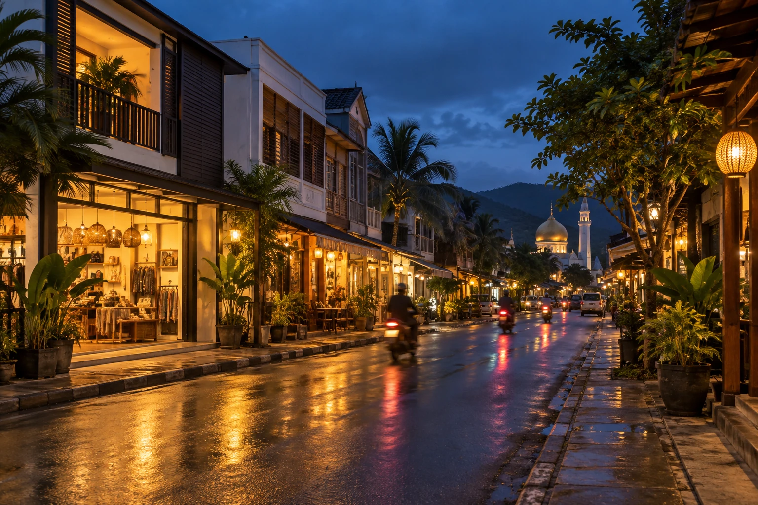 ถนนตึกแถวร้านค้าในเมืองชายแดนสุไหงโก-ลก นราธิวาส ยามพลบค่ำ แสงไฟอุ่นจากหน้าร้านและท้องฟ้าสีน้ำเงินเข้ม