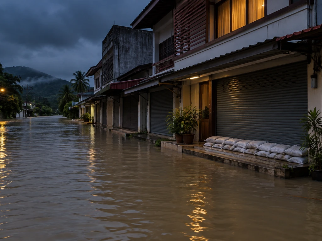น้ำฝนมรสุมท่วมขังหน้าแถวตึกแถวในนราธิวาสช่วงปลายปี ประตูเหล็กหน้าร้านปิดและกระสอบทรายวางกั้นหน้าบ้าน