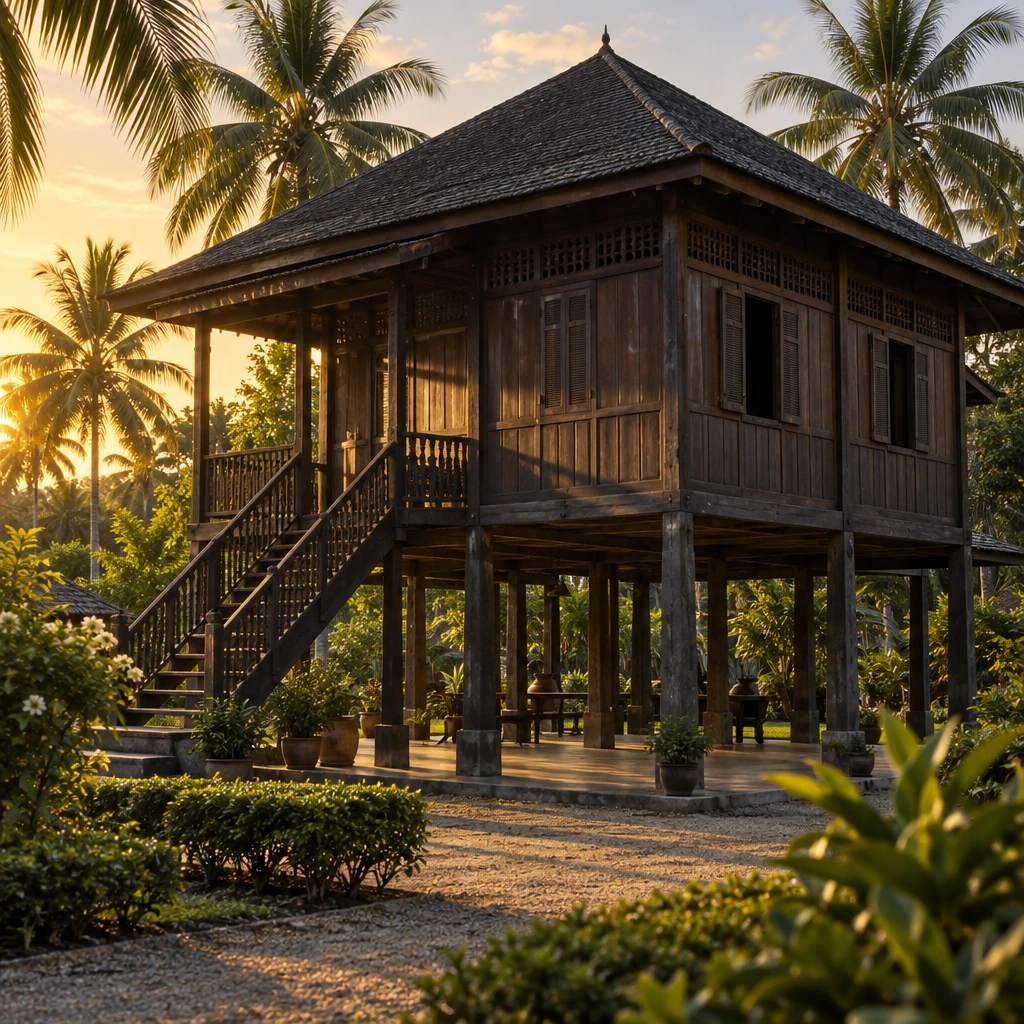 บ้านไม้ยกใต้ถุนสูงแบบพื้นถิ่นภาคใต้ตอนล่างในนราธิวาส หลังคาทรงปั้นหยา มีบันไดไม้หน้าบ้านและสวนมะพร้าวรอบบ้าน