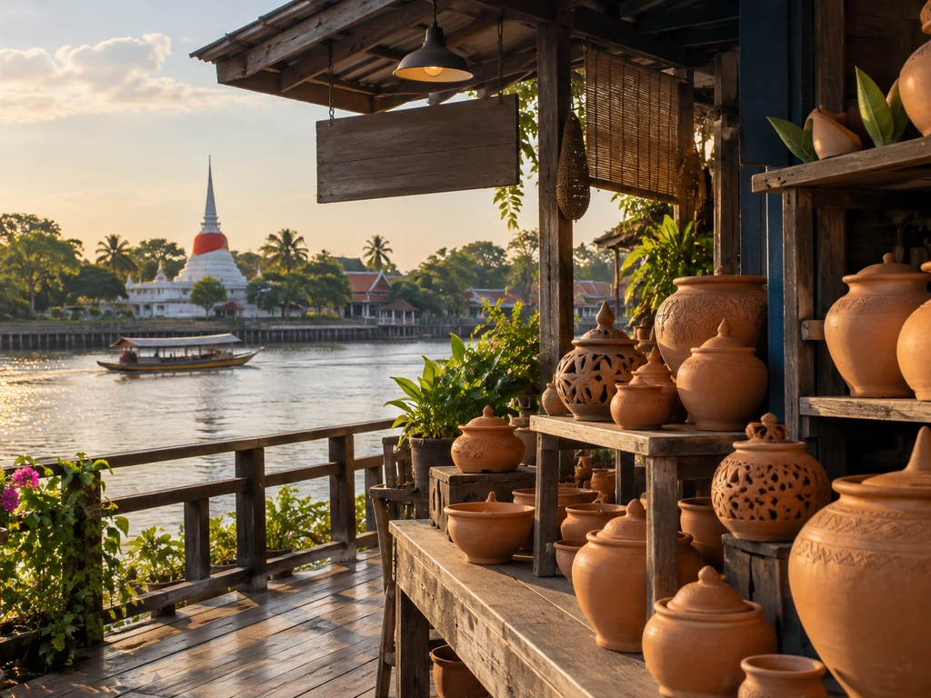 ร้านเครื่องปั้นดินเผาริมน้ำบนเกาะเกร็ด นนทบุรี มีเจดีย์ทรงมอญสีขาวอยู่ไกลออกไป