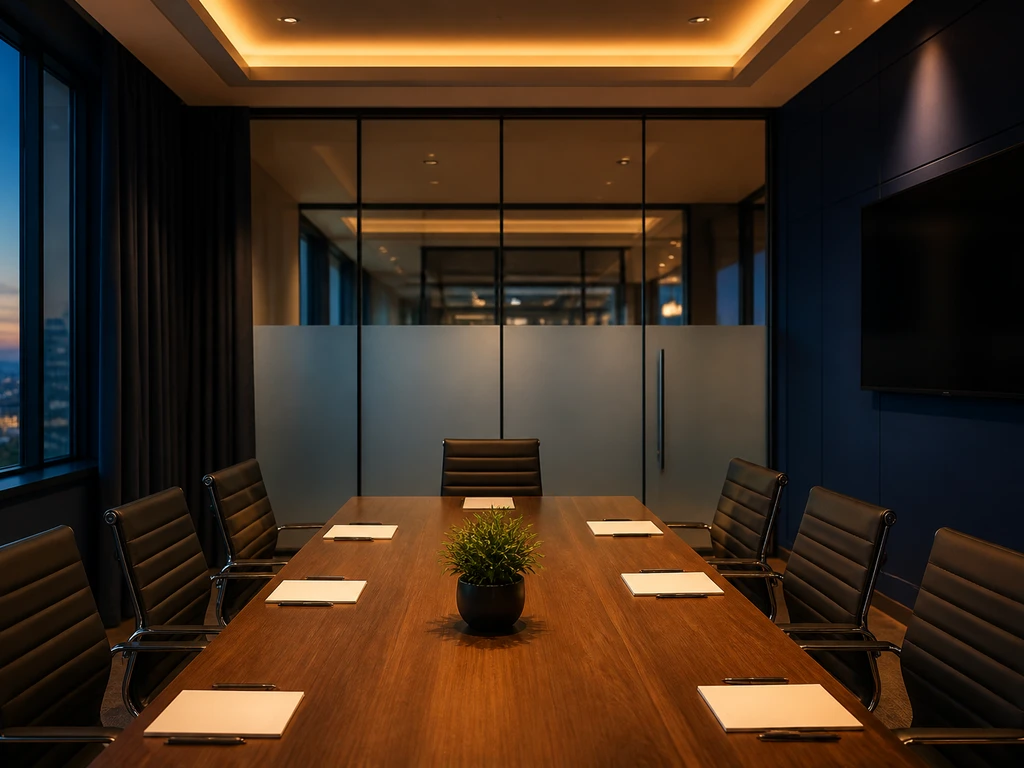 ห้องประชุมในออฟฟิศที่จัดตำแหน่งหัวโต๊ะให้ประธานหลังพิงผนังและมองเห็นประตูตามหลักฮวงจุ้ยออฟฟิศ