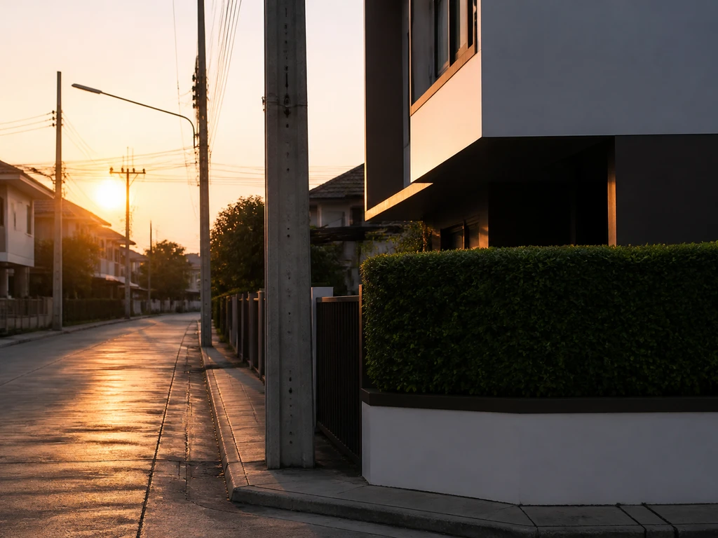 ถนนหน้าบ้านในหมู่บ้านจัดสรร มีเสาไฟฟ้าและมุมอาคารข้างเคียง ซึ่งภาพถ่ายจากมือถือมักจับไม่ครบ