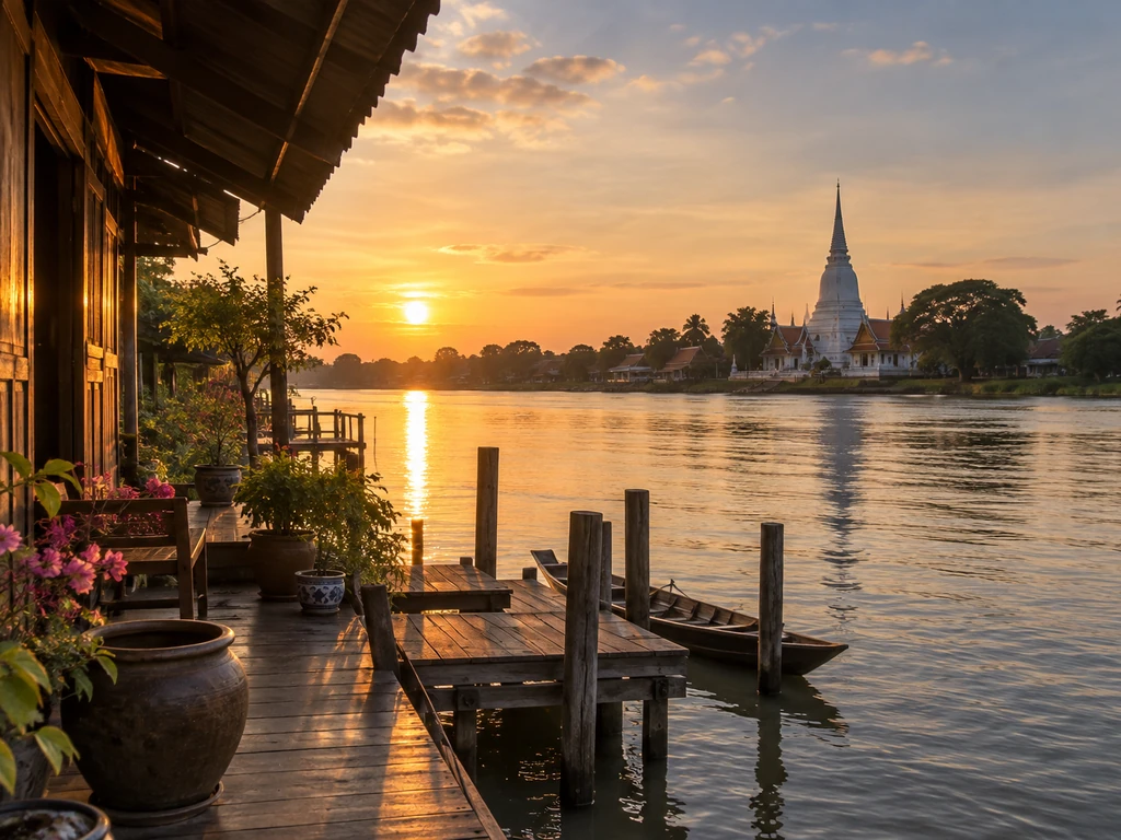 บ้านไม้เก่าริมแม่น้ำเจ้าพระยาในอำเภอสามโคก ปทุมธานี มีท่าน้ำและวัดทรงมอญอยู่ฝั่งตรงข้าม