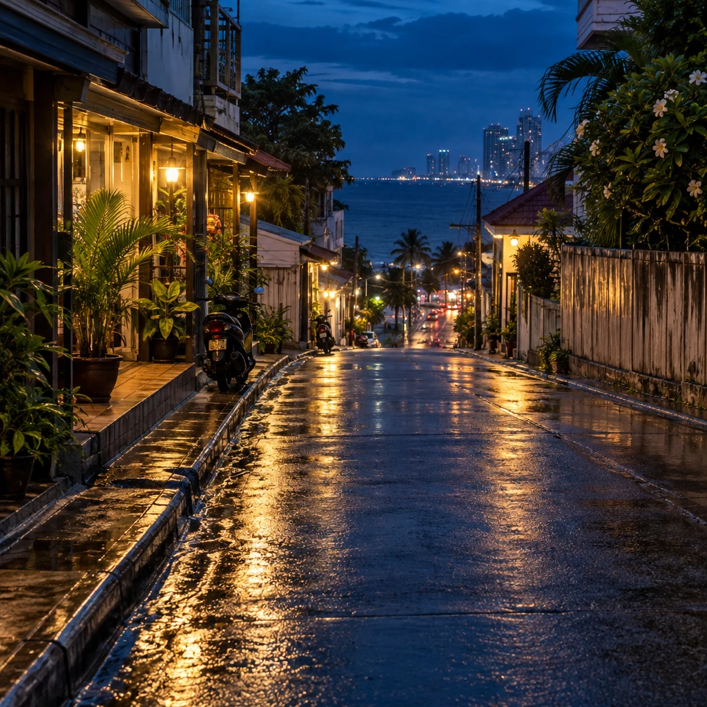 ซอยลาดชันในพัทยาหลังฝนตก น้ำไหลจากเนินลงสู่ถนนใหญ่ผ่านหน้าตึกแถวและบ้านเรือน