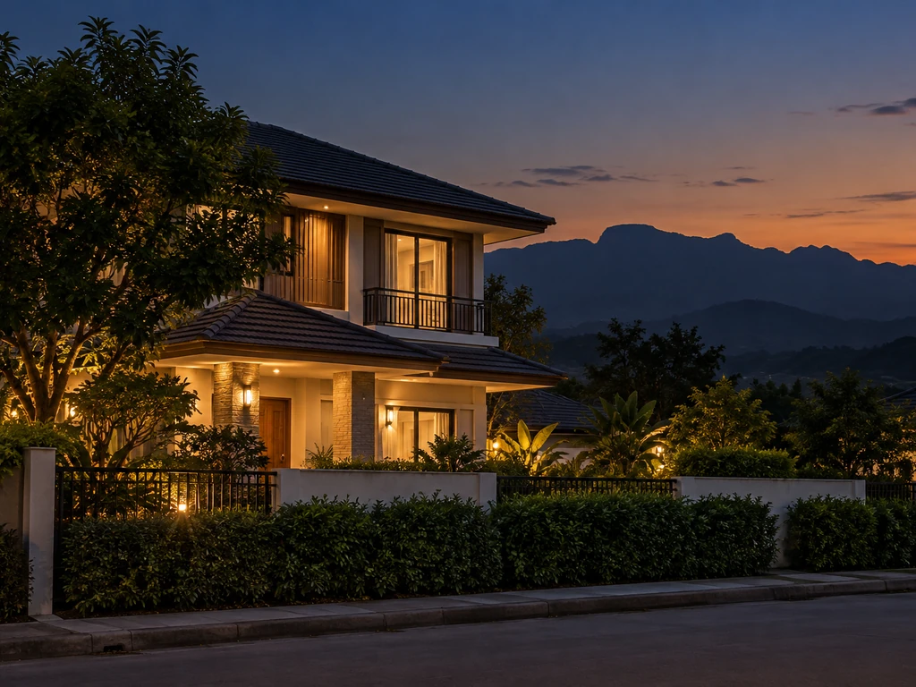 บ้านเดี่ยวสองชั้นในอำเภอเมืองเพชรบูรณ์ยามเย็น มีทิวเขาเพชรบูรณ์เป็นฉากหลังและแนวต้นไม้บังหน้าบ้าน