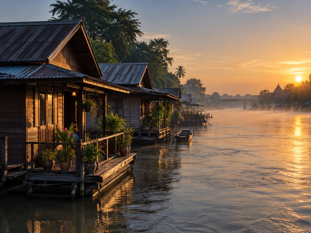 เรือนแพไม้ริมแม่น้ำน่านในพิษณุโลกยามเช้า ตัวอย่างบ้านริมน้ำที่ต้องดูฮวงจุ้ยทิศทางน้ำไหล