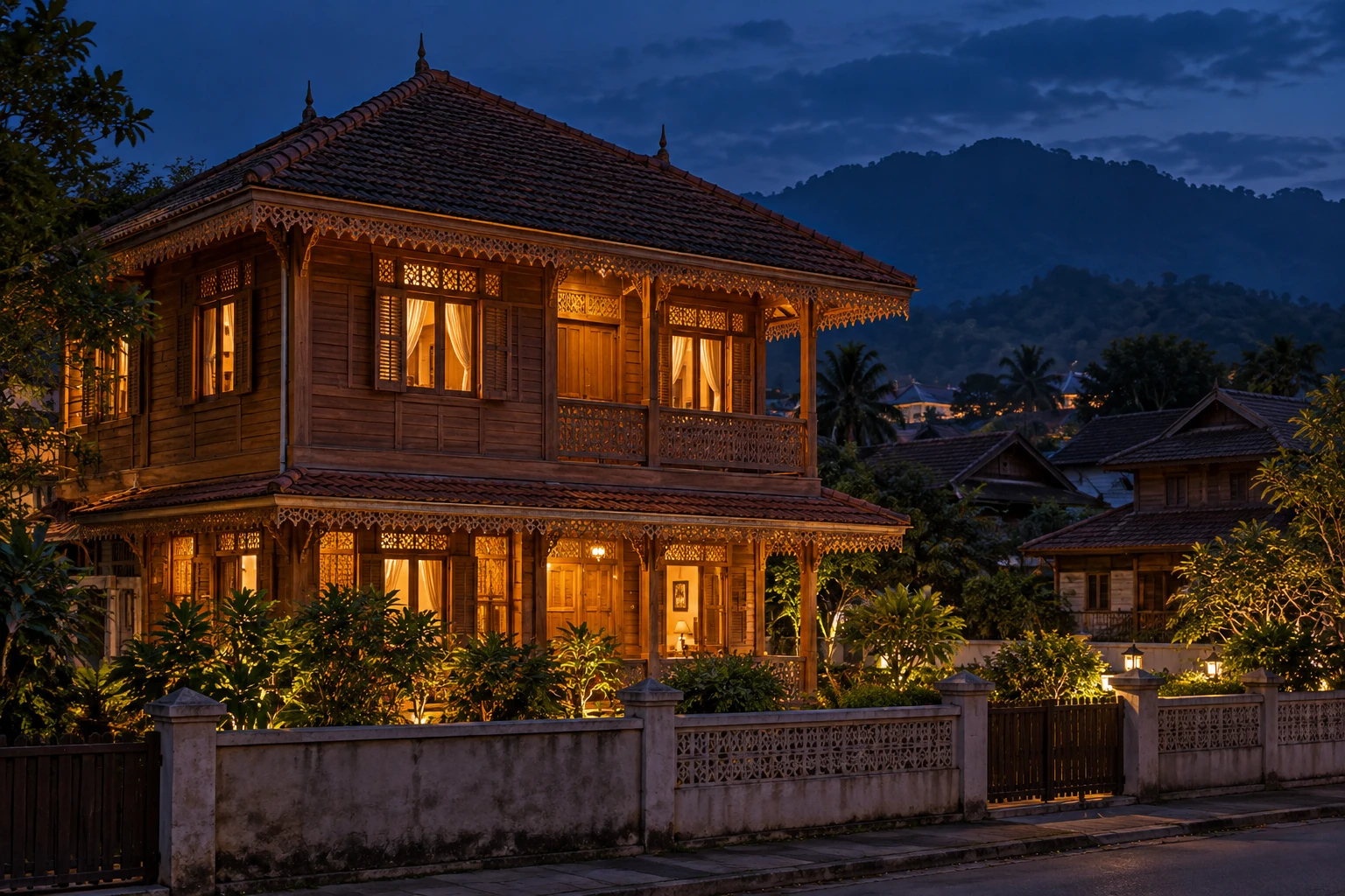 บ้านไม้สักสองชั้นลายฉลุในเมืองเก่าแพร่ยามพลบค่ำ มีแนวเขาอยู่ไกลด้านหลัง สื่อถึงการดูฮวงจุ้ยแพร่แบบไม่ทุบ