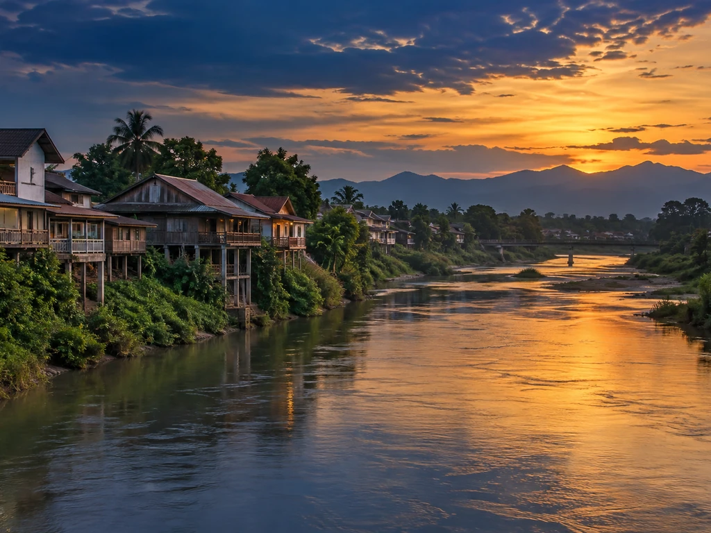 แม่น้ำยมไหลผ่านขอบเมืองแพร่ มีบ้านเรือนยกพื้นสูงริมตลิ่งและภูเขาอยู่ไกล สื่อถึงการดูชัยภูมิน้ำก่อนดูฮวงจุ้ยบ้าน
