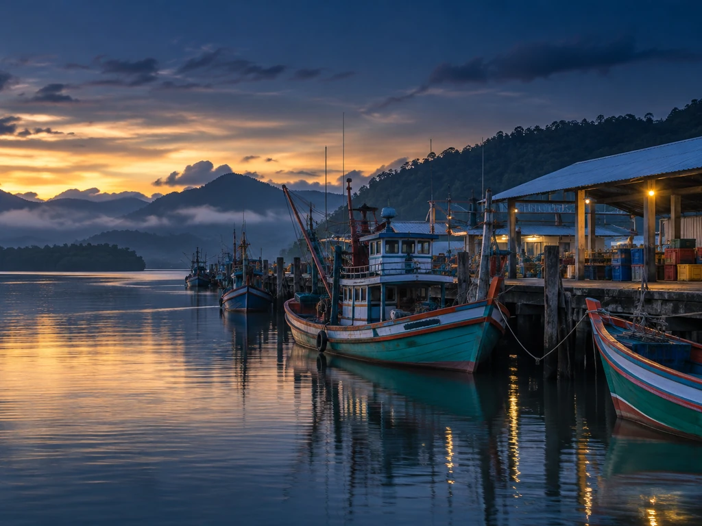 ท่าเทียบเรือประมงในระนองยามเช้ามืด เรือประมงไม้จอดเรียงข้างโกดังและแพปลา ไอหมอกลอยเหนือปากแม่น้ำ