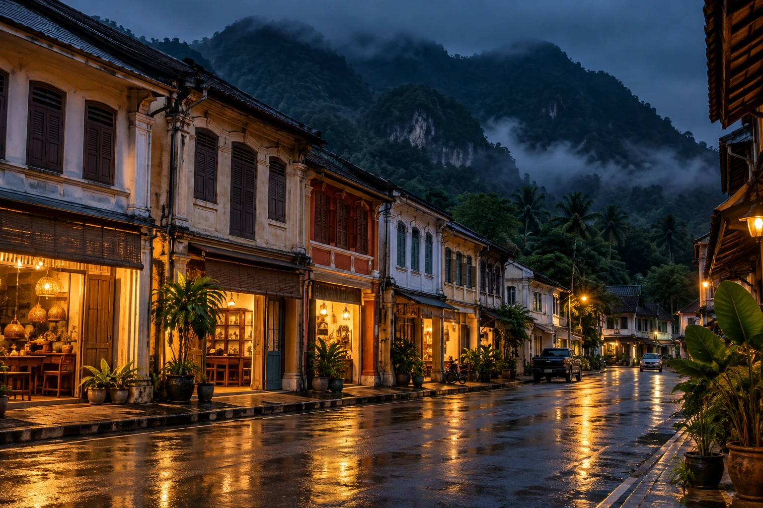 ตึกแถวเก่าในตัวเมืองระนองยามพลบค่ำหลังฝนตก ถนนเปียกสะท้อนแสงไฟอุ่นจากหน้าร้าน มีภูเขาป่าเขียวครึ้มอยู่ด้านหลัง