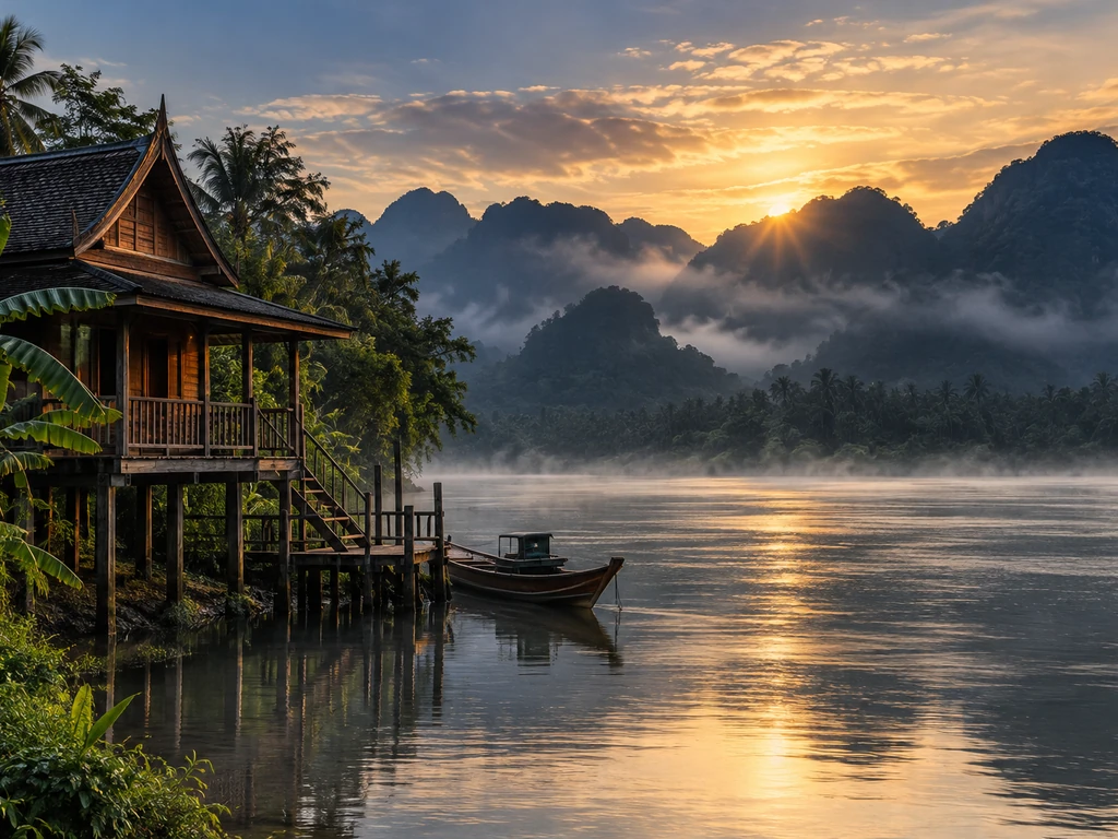 บ้านไม้ริมแม่น้ำกระบุรี จังหวัดระนอง ยามเช้ามีหมอกคลุมผิวน้ำและภูเขาอยู่อีกฝั่ง