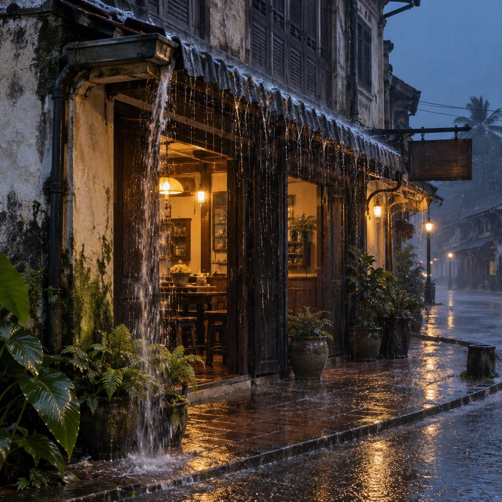 ฝนมรสุมไหลจากกันสาดหน้าตึกแถวในเมืองระนอง น้ำไหลลงรางและทางเท้าเปียก บ้านฮวงจุ้ยที่ต้องรับมือความชื้นทั้งปี
