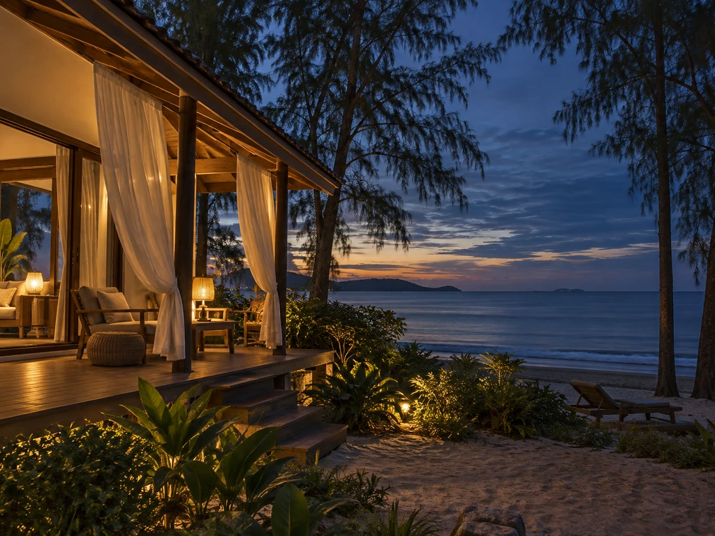 บ้านพักตากอากาศริมชายฝั่งระยองใกล้หาดแม่รำพึง หันหน้าลงทะเลทางทิศใต้ มีระเบียงไม้และม่านโปร่ง