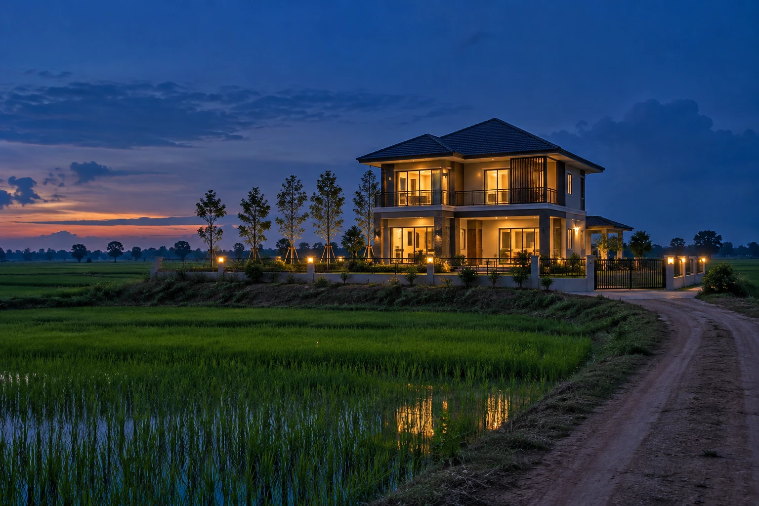 บ้านสร้างใหม่บนที่นาของครอบครัวในจังหวัดร้อยเอ็ดยามพลบค่ำ รอบบ้านเป็นทุ่งนาโล่ง สื่อถึงการดูฮวงจุ้ยร้อยเอ็ดก่อนสร้างบ้าน