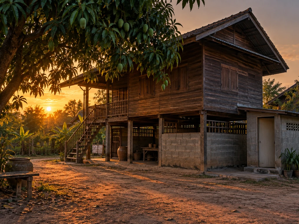 บ้านไม้ยกใต้ถุนหลังเก่าของพ่อแม่ในหมู่บ้านร้อยเอ็ด ใต้ถุนต่อเติมเป็นห้องปูน ตัวอย่างการดูฮวงจุ้ยก่อนตัดสินใจรื้อหรือต่อเติม