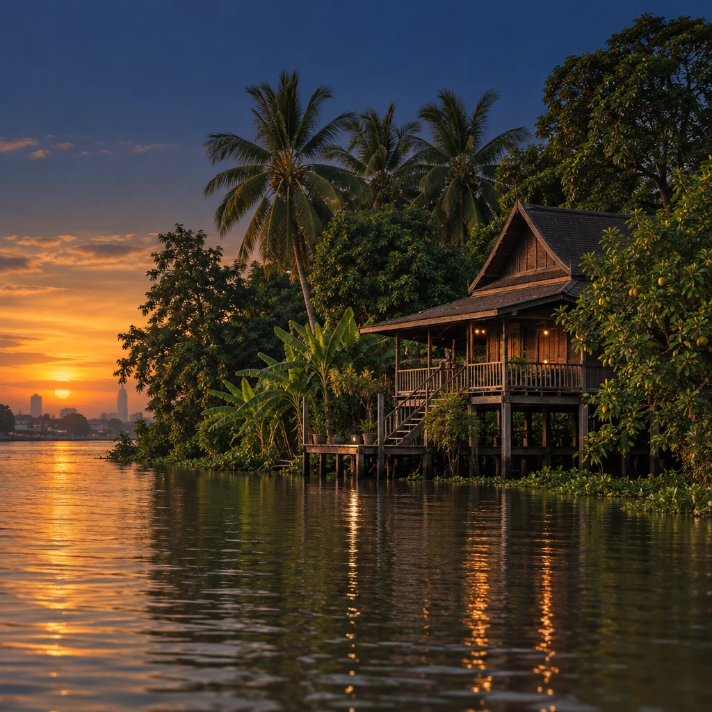บ้านไม้ริมน้ำในคุ้งบางกะเจ้า พระประแดง ล้อมด้วยต้นไม้ใหญ่และสวนผลไม้ ริมแม่น้ำเจ้าพระยายามแสงเย็น