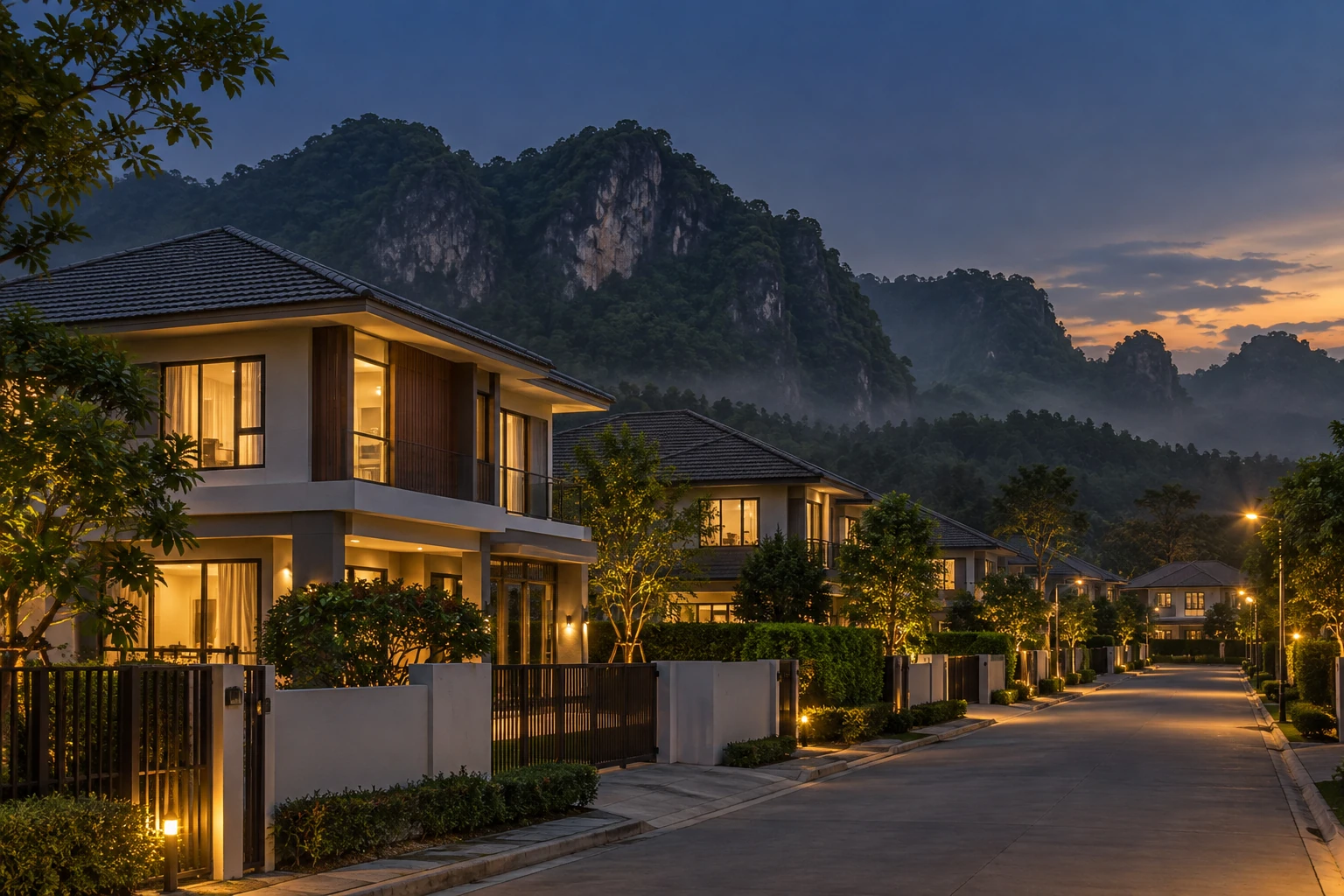 บ้านจัดสรรชานเมืองสระบุรียามพลบค่ำ มีแนวเขาหินปูนเป็นฉากหลัง ภาพประกอบงานดูฮวงจุ้ยสระบุรี