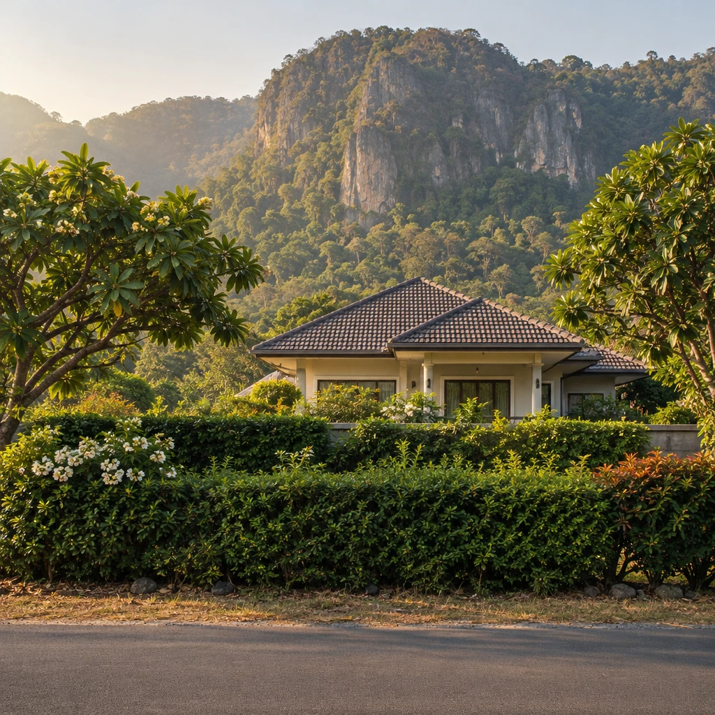 บ้านเดี่ยวในสระบุรีที่มีสันเขาหินปูนหนุนด้านหลังและแนวไม้ใบหนาบังฝุ่นหน้าบ้าน