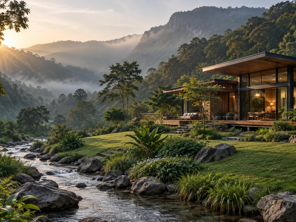 บ้านพักตากอากาศบนเนินเขาแถบมวกเหล็ก สระบุรี มีเนินหนุนด้านหลังและลำธารโอบด้านหน้า