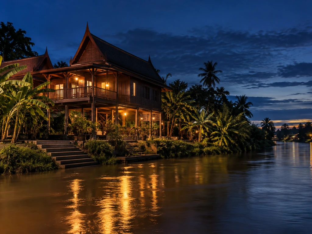 บ้านไม้ริมแม่น้ำป่าสักแถบเสาไห้ สระบุรี ยกพื้นสูงเหนือตลิ่งในแสงเย็น
