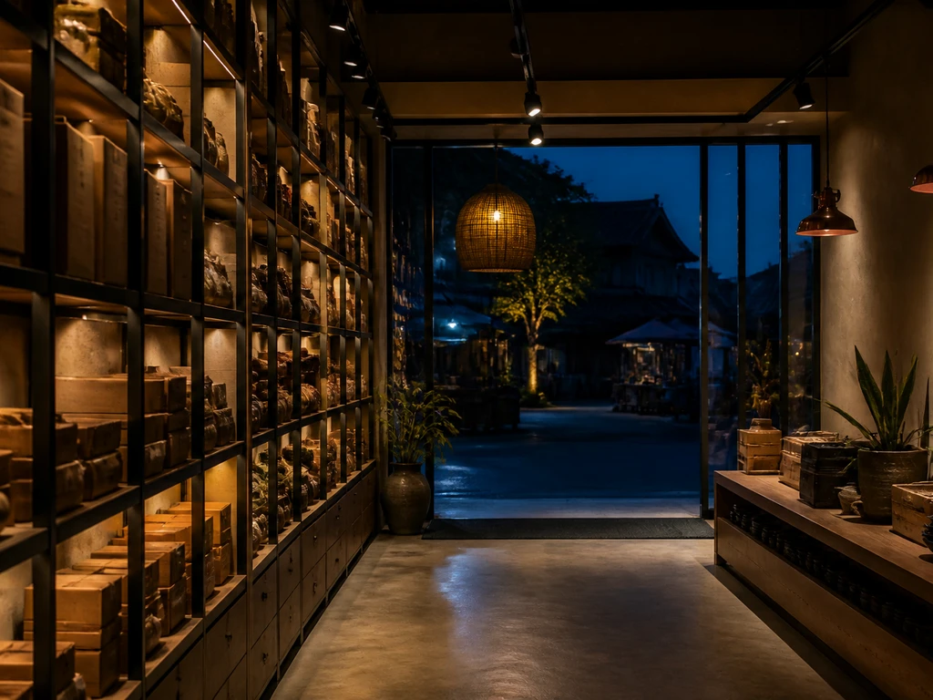 ภายในร้านค้ามองออกไปทางประตูหน้าร้าน แสดงฝั่งซ้ายและฝั่งขวาของร้านที่จัดชั้นวางไม่เท่ากัน