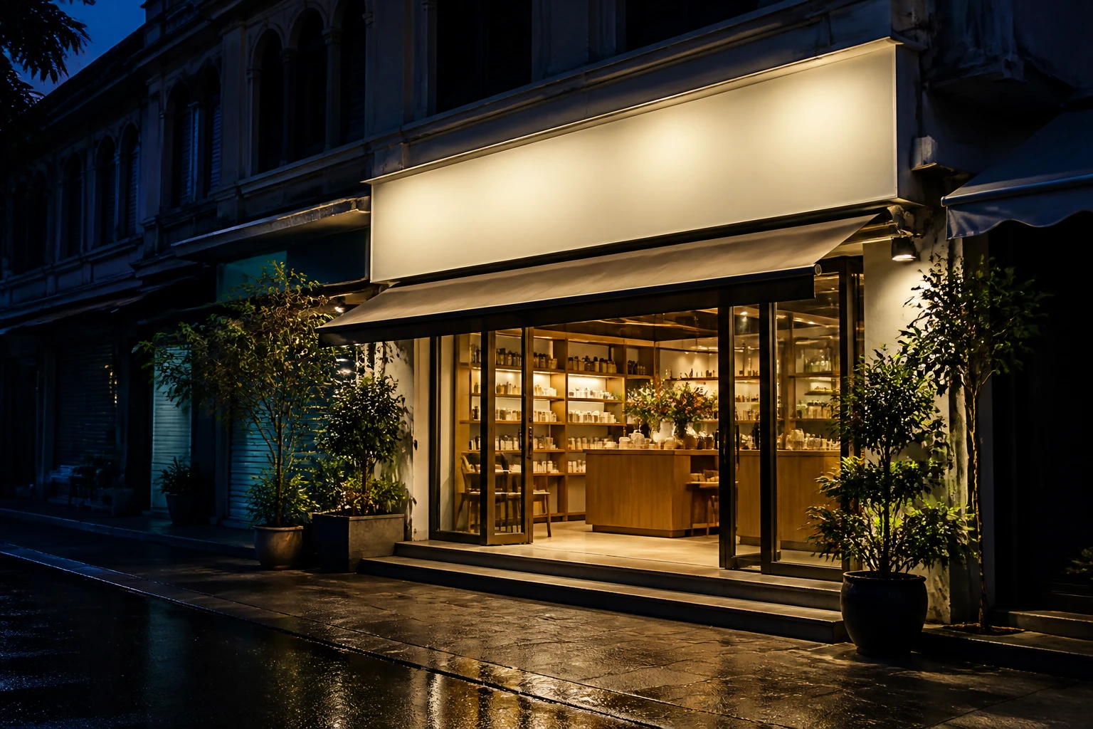 หน้าร้านค้าตึกแถวในเมืองไทยยามพลบค่ำ ไฟในร้านสว่างชวนให้ลูกค้าเดินเข้า หลังจัดฮวงจุ้ยร้านค้าใหม่