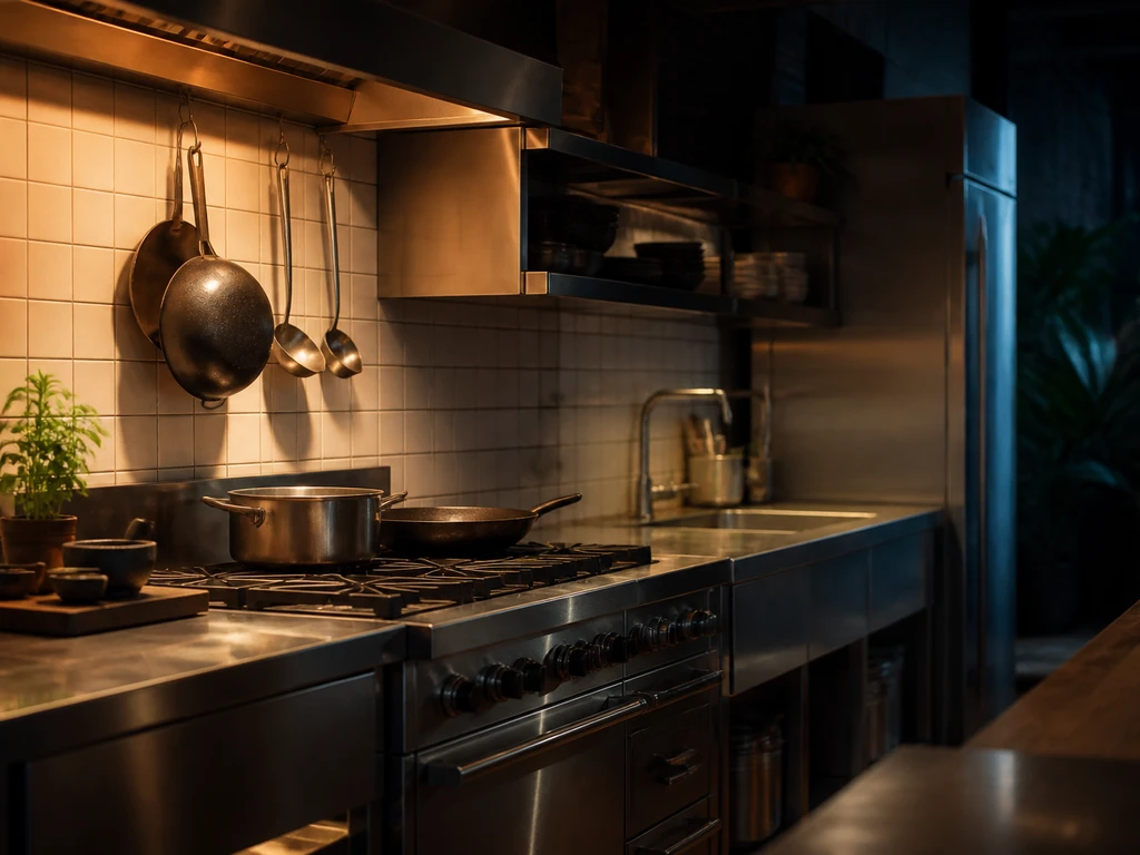 ครัวร้านอาหารที่มีเตาตั้งชิดผนังทึบ แยกจากอ่างล้างและตู้เย็นอย่างชัดเจน