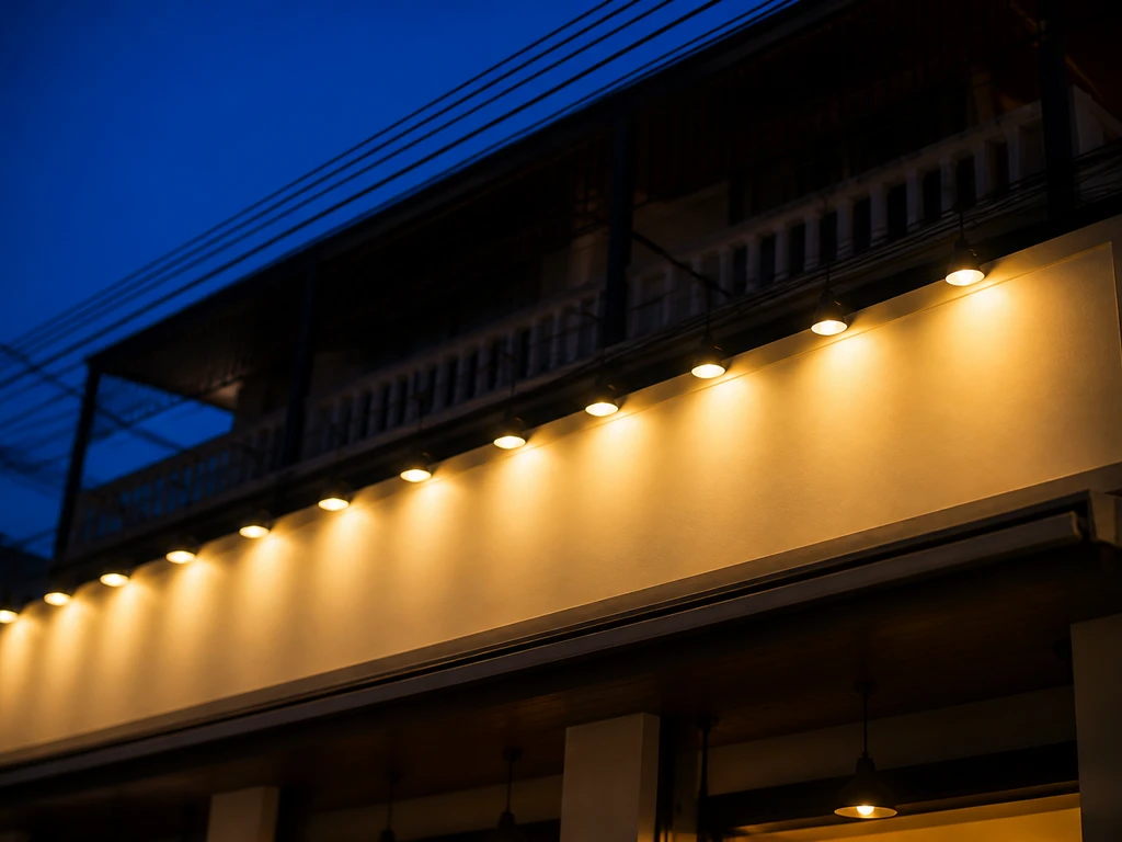 ป้ายร้านเปล่าเหนือหน้าร้านตึกแถว ไฟส่องป้ายติดครบทุกดวงในเวลาพลบค่ำ