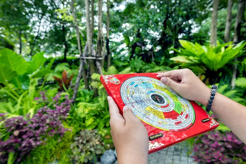 มือถือเข็มทิศฮวงจุ้ยสีแดงขณะวัดองศาในบริเวณสวนหน้าบ้าน