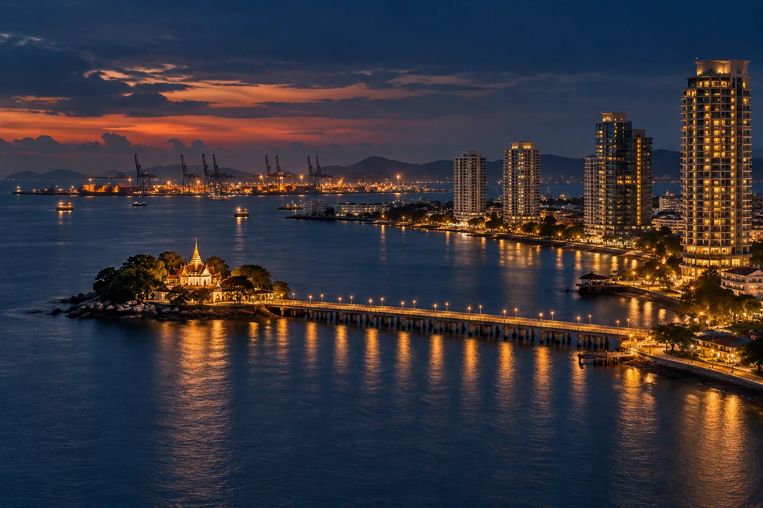 ริมทะเลศรีราชายามพลบค่ำ มองเห็นเกาะลอยและแนวคอนโดริมทะเลเปิดไฟสีทอง ไกลออกไปเป็นปั้นจั่นท่าเรือแหลมฉบัง