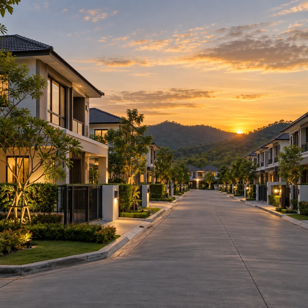 ถนนในโครงการบ้านจัดสรรย่านบางพระ ศรีราชา บ้านเดี่ยวและทาวน์โฮมผังเดียวกันเรียงกันสองฝั่งยามเย็น