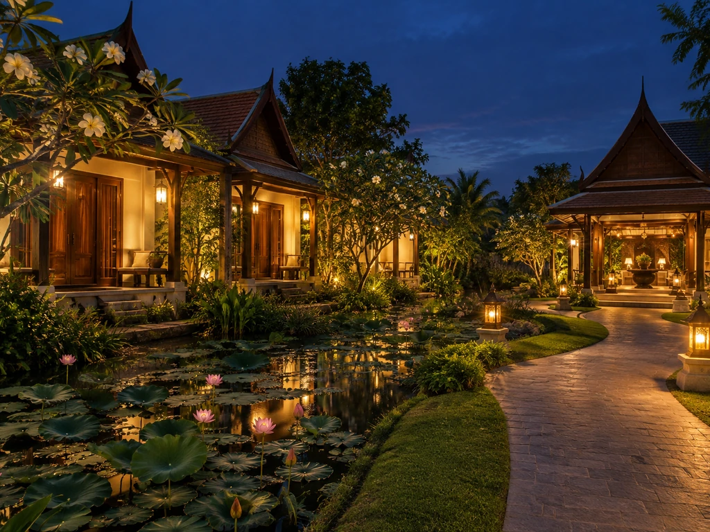 รีสอร์ทขนาดเล็กใกล้อุทยานประวัติศาสตร์สุโขทัย มีบ่อบัวหน้าห้องพัก ตัวอย่างที่พักที่ต้องจัดฮวงจุ้ยทางเข้าและตำแหน่งน้ำ