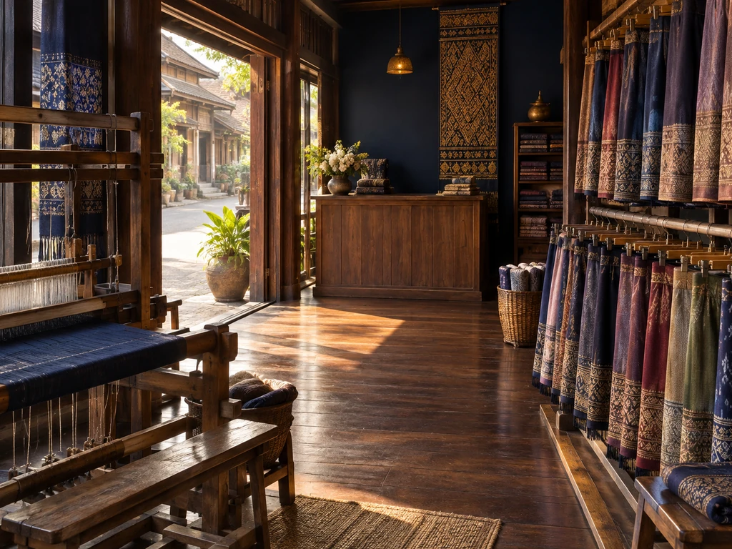 ร้านผ้าทอมือในศรีสัชนาลัย สุโขทัย มีกี่ทอผ้าและผ้าซิ่นแขวนโชว์ ตัวอย่างบ้านที่เป็นทั้งที่ทำงานและหน้าร้าน