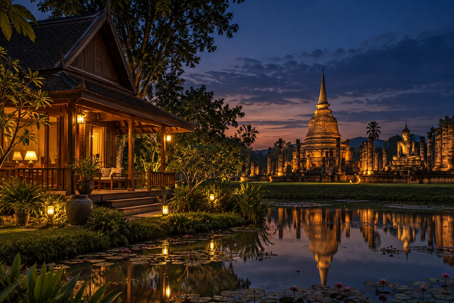 บ้านไทยร่วมสมัยใกล้เมืองเก่าสุโขทัยยามพลบค่ำ มีเจดีย์โบราณเป็นฉากหลัง สื่อถึงการดูฮวงจุ้ยสุโขทัยแบบไม่ทุบ