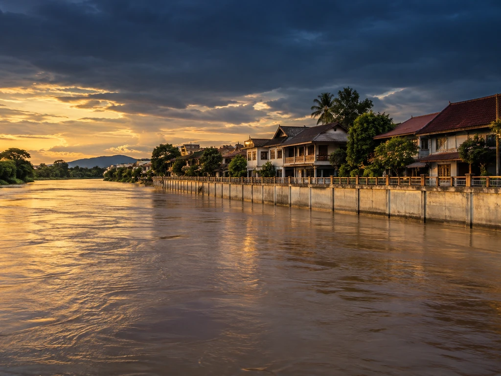 แนวพนังกั้นน้ำริมแม่น้ำยมในตัวเมืองสุโขทัย กับตึกแถวและบ้านริมน้ำ ที่ต้องดูฮวงจุ้ยเรื่องระดับพื้นและทางน้ำ