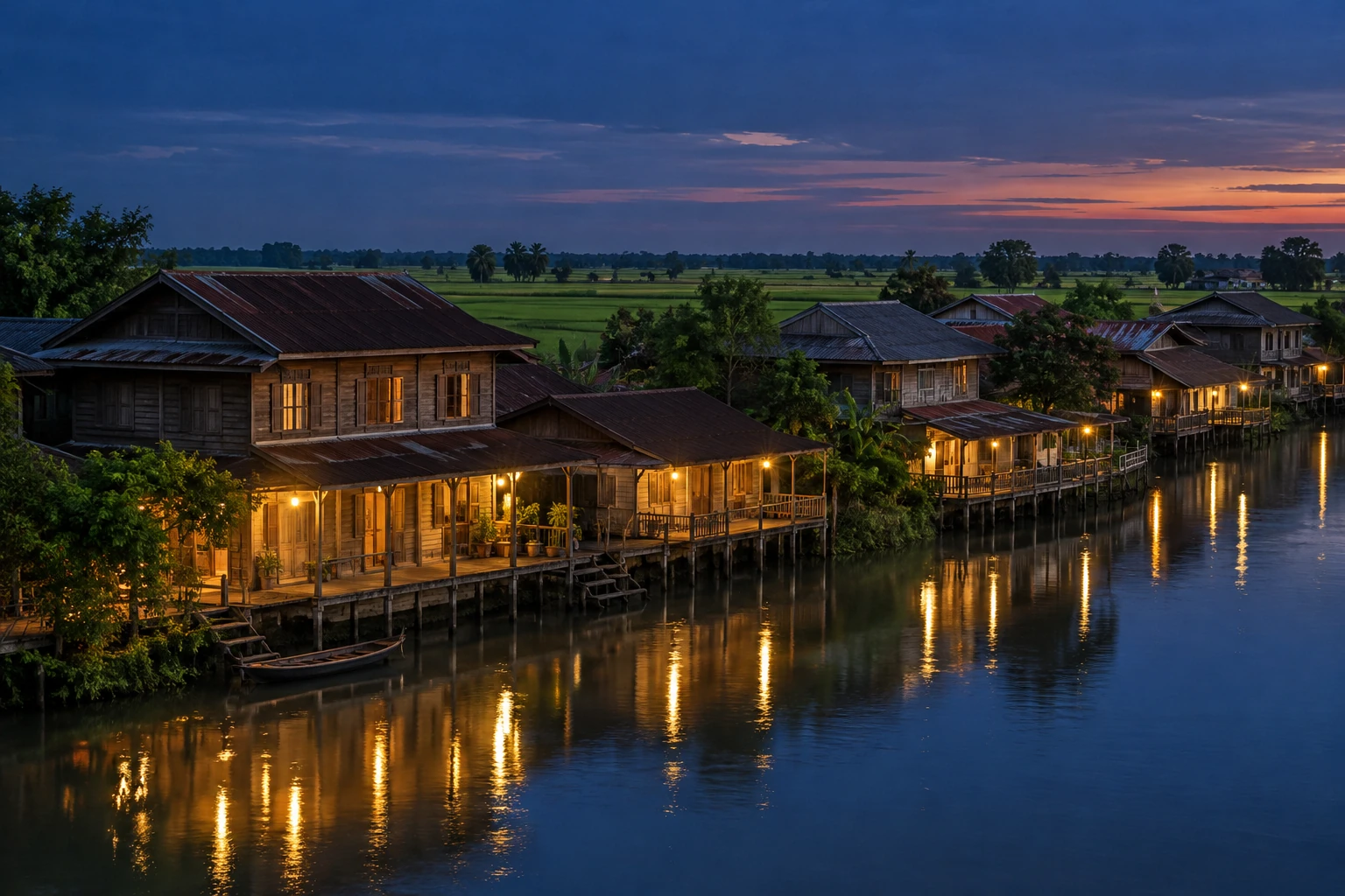 ห้องแถวไม้และบ้านริมแม่น้ำท่าจีนในสุพรรณบุรียามพลบค่ำ มีทุ่งนาเปิดโล่งด้านหลัง ภาพประกอบงานดูฮวงจุ้ยสุพรรณบุรี