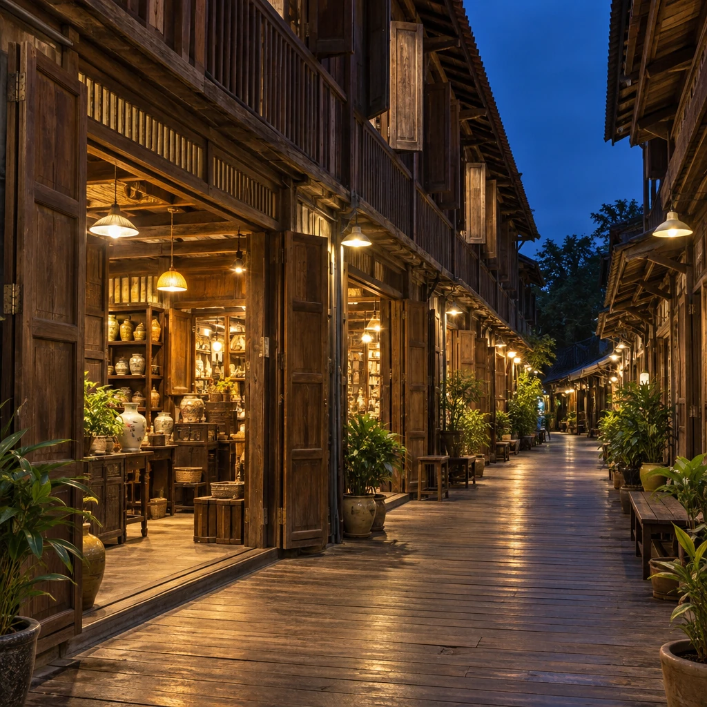 ห้องแถวไม้ในตลาดเก่าร้อยปีริมแม่น้ำท่าจีน สุพรรณบุรี บานเฟี้ยมไม้เปิดรับทางเดินตลาด