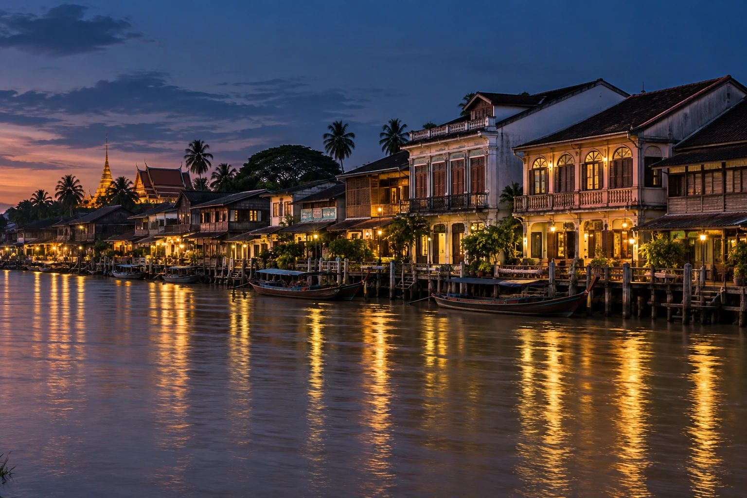 ตัวเมืองสุราษฎร์ธานีริมแม่น้ำตาปียามพลบค่ำ แถวตึกแถวและบ้านริมน้ำสะท้อนแสงไฟสีทองบนผิวน้ำ