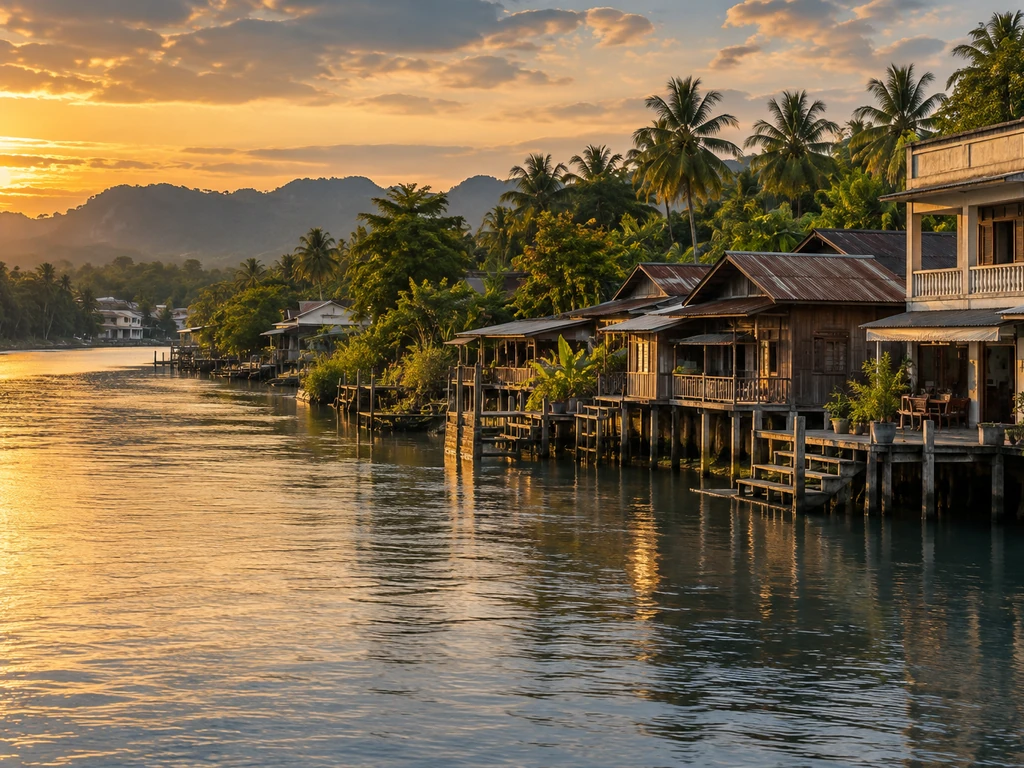 บ้านไม้และตึกแถวริมแม่น้ำตาปีในตัวเมืองสุราษฎร์ธานี หันหน้ารับสายน้ำ มีท่าเรือเล็กอยู่หน้าบ้าน