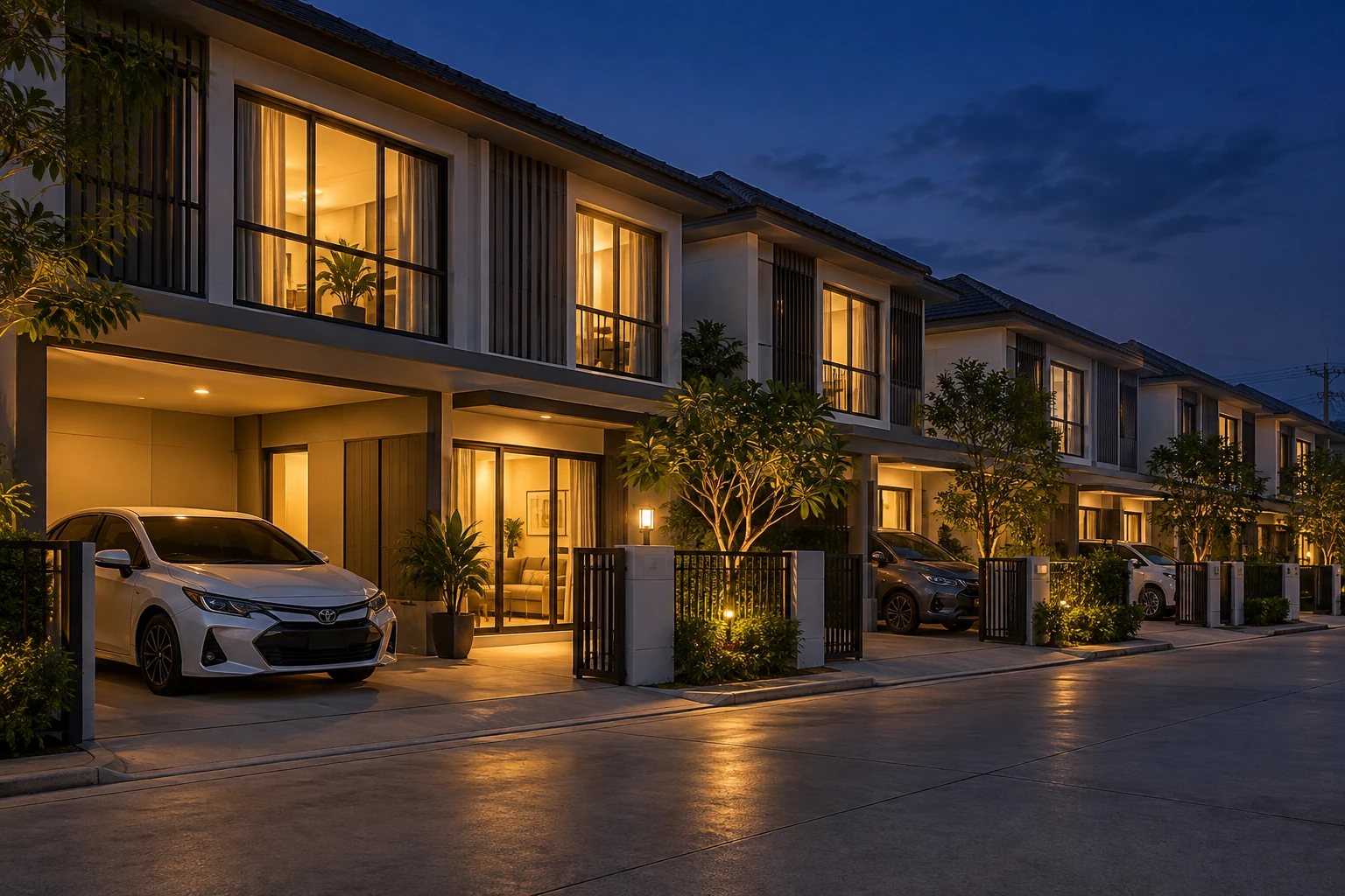 ทาวน์โฮมสองชั้นเรียงเป็นแถวในโครงการจัดสรรยามพลบค่ำ หน้าบ้านแคบพร้อมที่จอดรถ ก่อนซินแสวัดองศาเพื่อจัดฮวงจุ้ยทาวน์เฮ้าส์