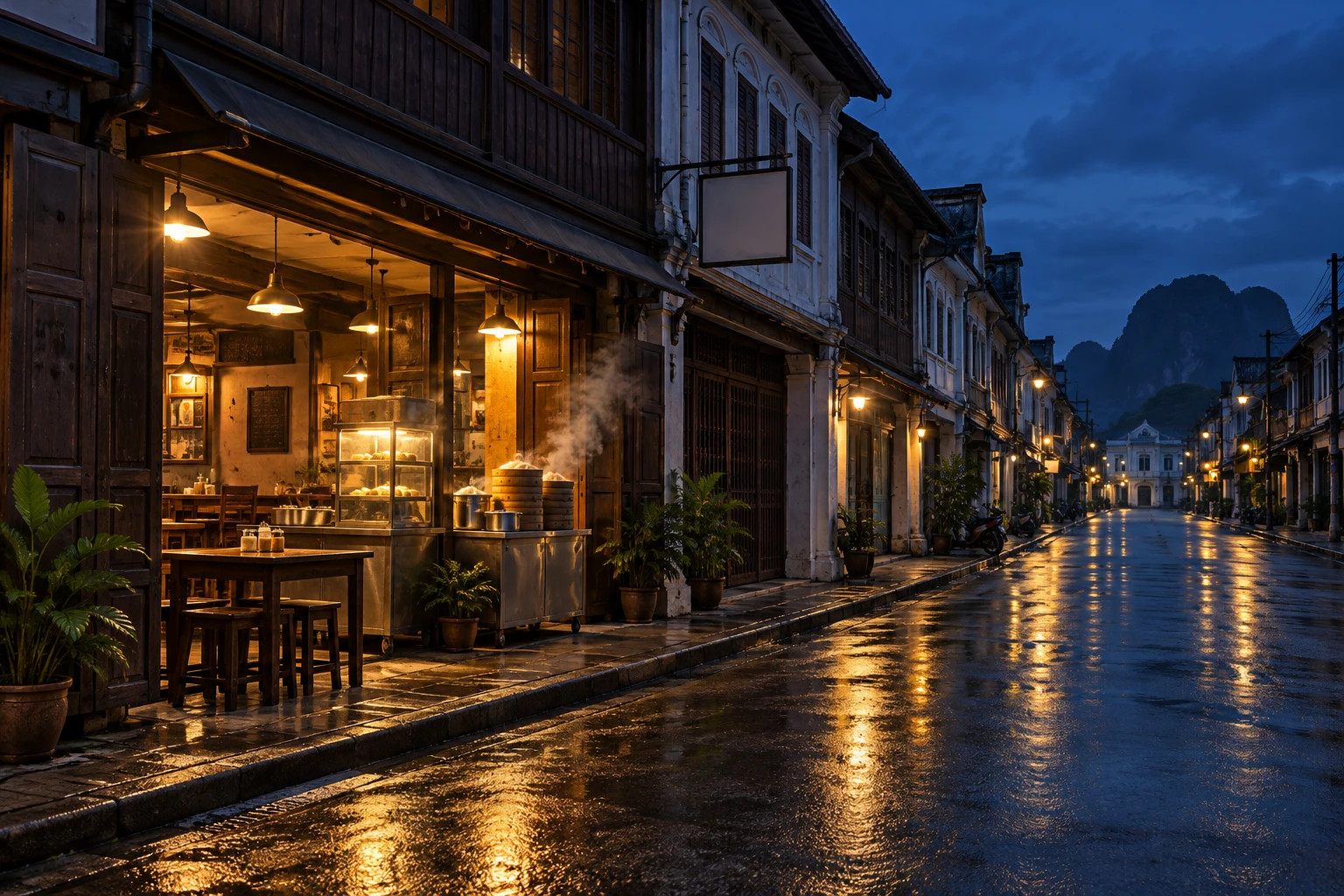 ถนนตึกแถวเก่าในตัวเมืองตรังยามเช้าตรู่ ร้านกาแฟเปิดไฟอุ่น ไอน้ำจากเข่งติ่มซำลอยออกมาหน้าร้าน