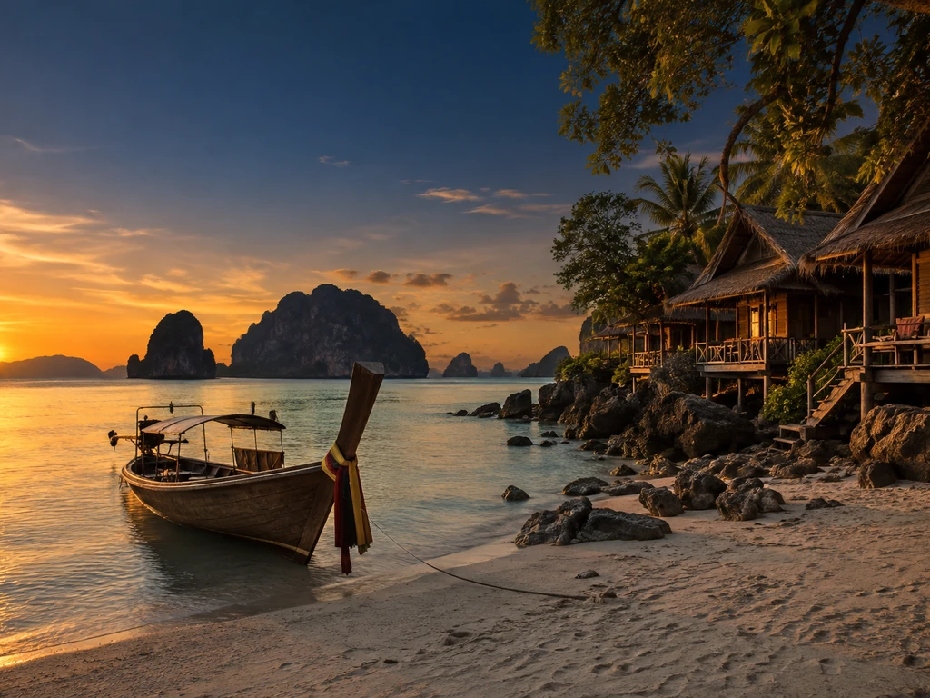 โฮมสเตย์ไม้ริมหาดบนเกาะในทะเลตรัง มีเรือหางยาวจอดหน้าหาดและเกาะหินปูนอยู่ไกล ๆ ในแสงเย็น