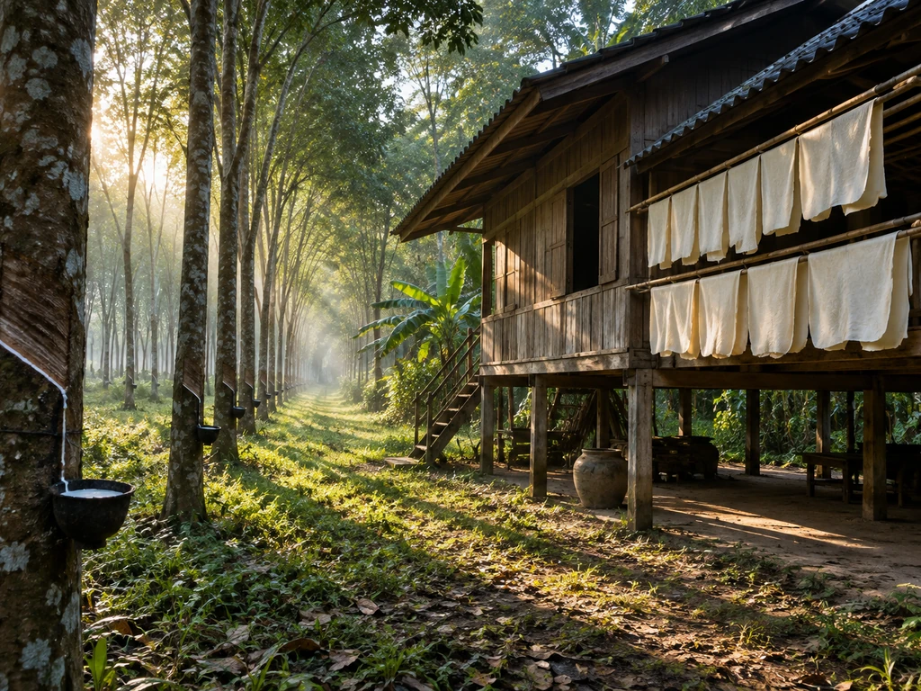 บ้านไม้ยกพื้นกลางสวนยางพาราในจังหวัดตรัง มีแผ่นยางตากอยู่ใต้ชายคาและแถวต้นยางเรียงเป็นแนวยามเช้า