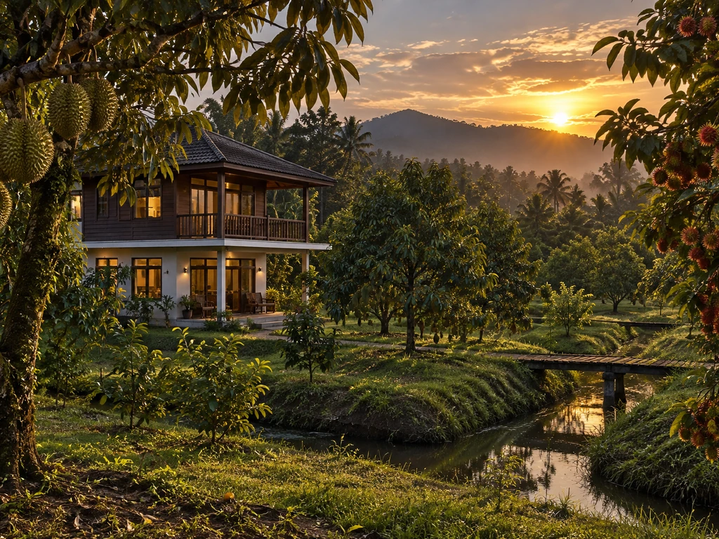 บ้านครอบครัวชาวสวนในตราด ล้อมด้วยสวนทุเรียนและร่องน้ำ แสงเย็นลอดผ่านทรงพุ่มต้นไม้