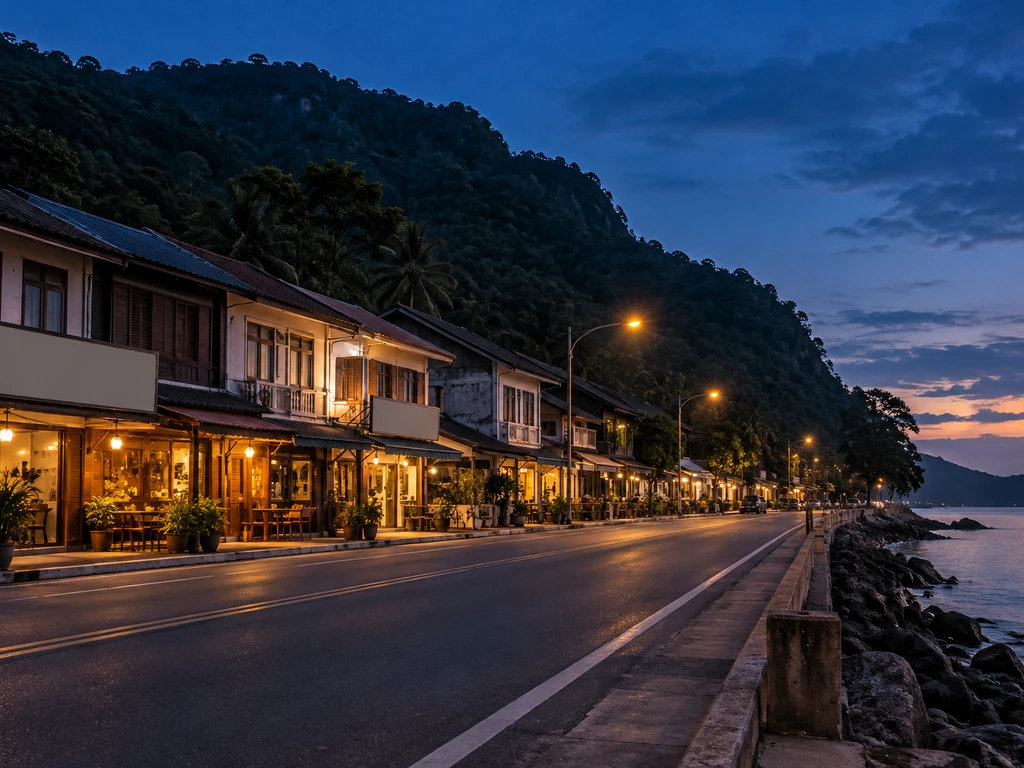แถวร้านค้าริมถนนสายหลักในอำเภอคลองใหญ่ ตราด มีภูเขาอยู่ด้านหลังและทะเลอยู่อีกฝั่งถนน