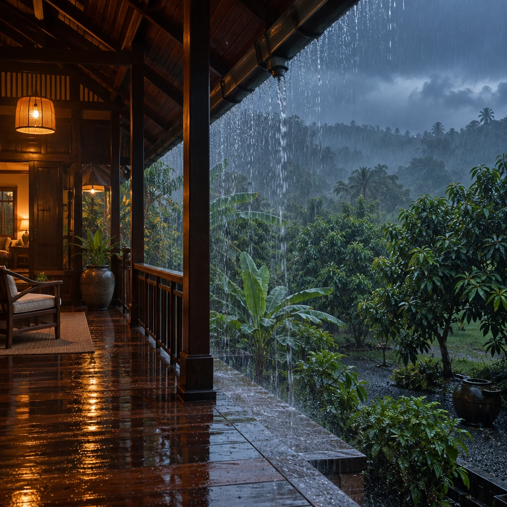 ฝนมรสุมตกหนักหน้าระเบียงไม้ของบ้านพักในตราด เห็นรางน้ำ พื้นเปียก และต้นไม้เขียวชุ่ม